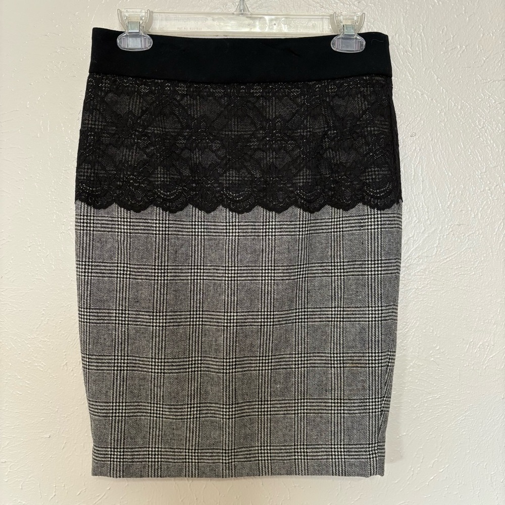 Zara Basic Glen Gray Plaid Wool Lace Mini Pencil Skirt Womens Size Small